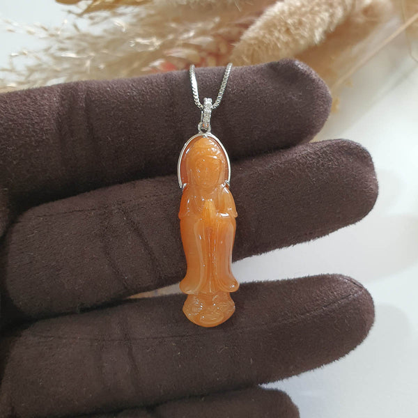 Translucent Brilliant Orange Jadeite "Goddess of Mercy" Pendant (JAB006738) 1
