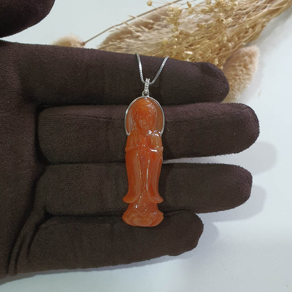 Translucent Brilliant Orangey Red Jadeite "Goddess of Mercy" Pendant (JAB006741) 1