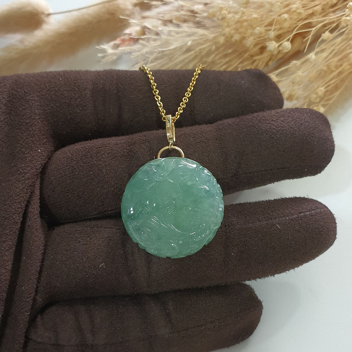 Translucent Icy Green Jadeite "Prosperity Fish and Lotus" Pendant (JAB006984) 1