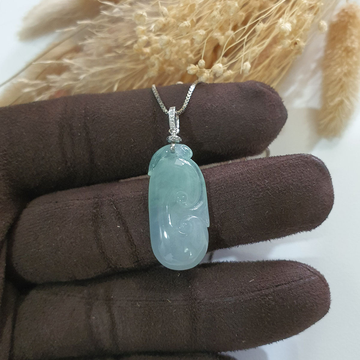 Good Translucency Icy Green Jadeite "Auspicious Ruyi" Pendant (JAB006986) 1