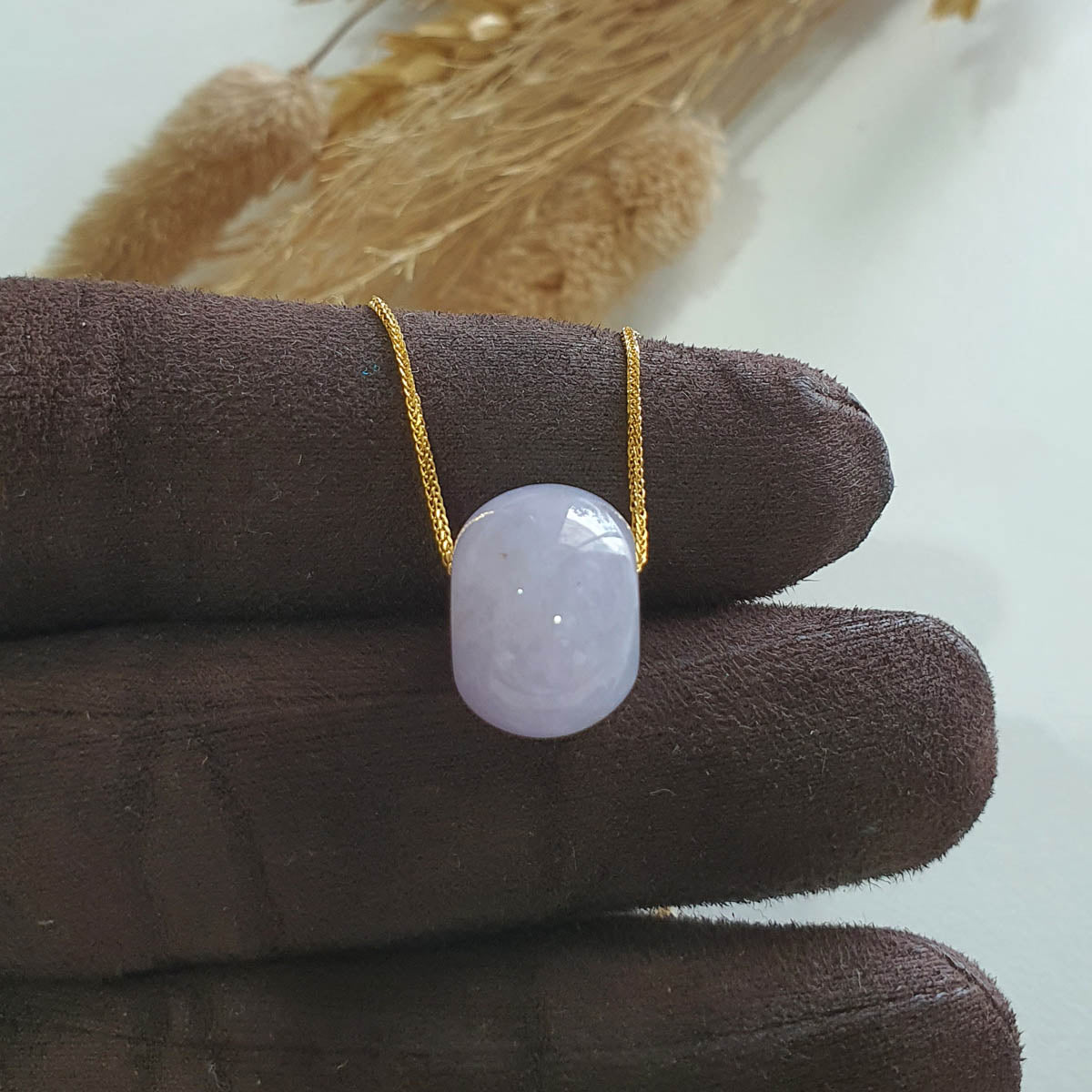 Translucent Icy Lavender Jadeite Barrel Pendant with 18KY Gold Necklace (JAB007041) 1