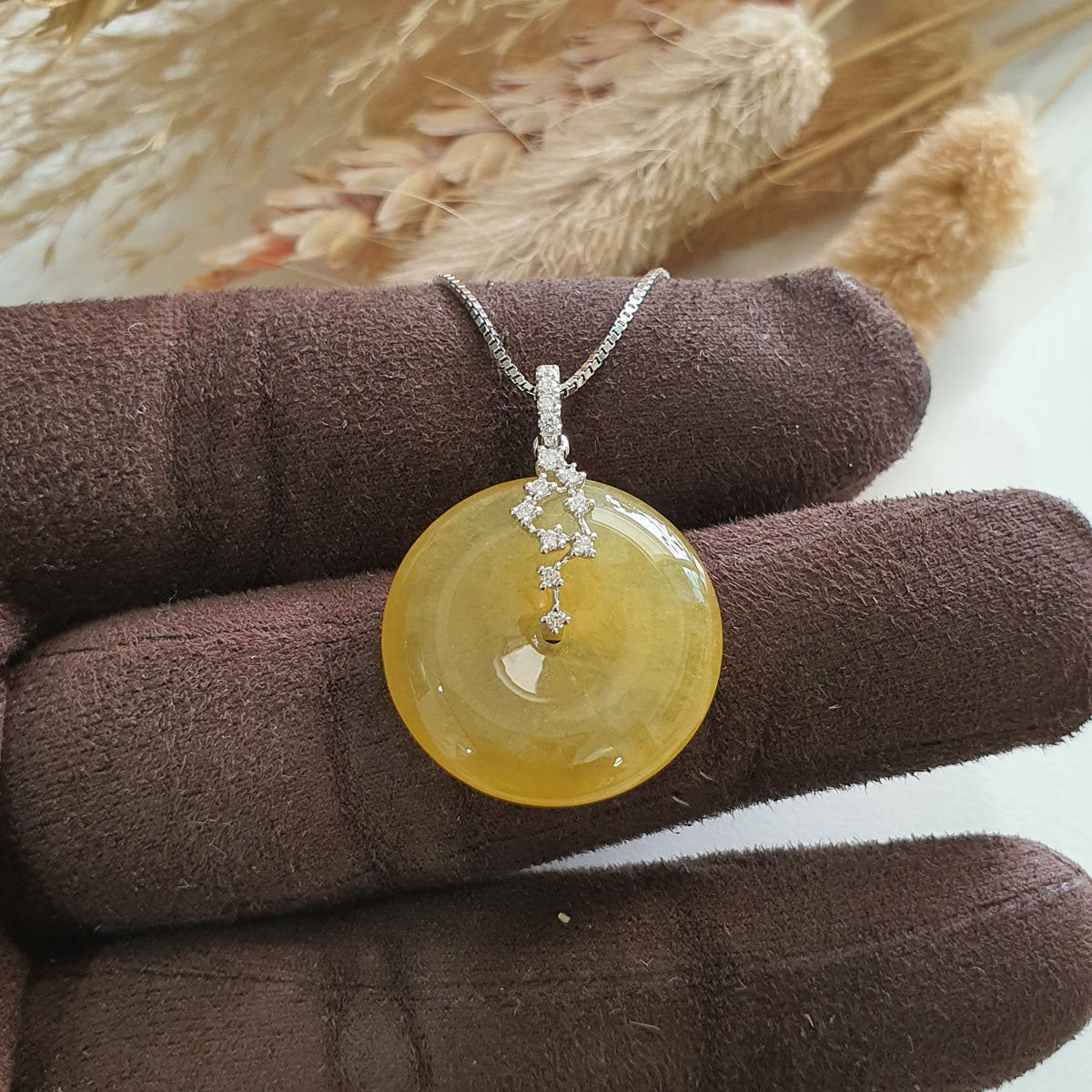 Good Translucent Icy Brilliant Yellow Jadeite “The Stars” Coin Pendant (JAB007154) 1