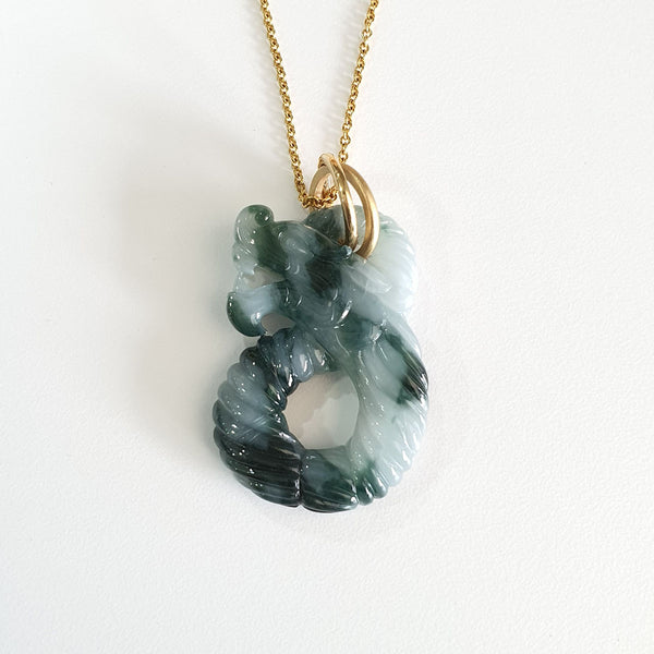 Translucent Bluish Flower Green Jadeite "Spiral 8 Dragon" Pendant (JAB007157) 1