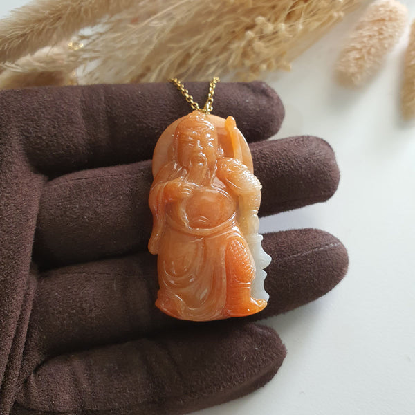Translucent Brilliant Orange Jadeite "Majestic Guan Gong" Pendant (JAB007258) 1