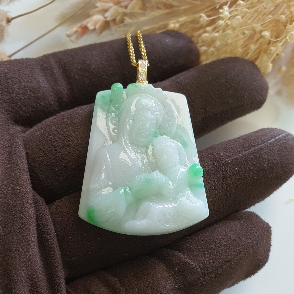 Translucent Green with Brilliant Green Jadeite "Mother Mary and Baby Jesus" Pendant (JAB007274) 1