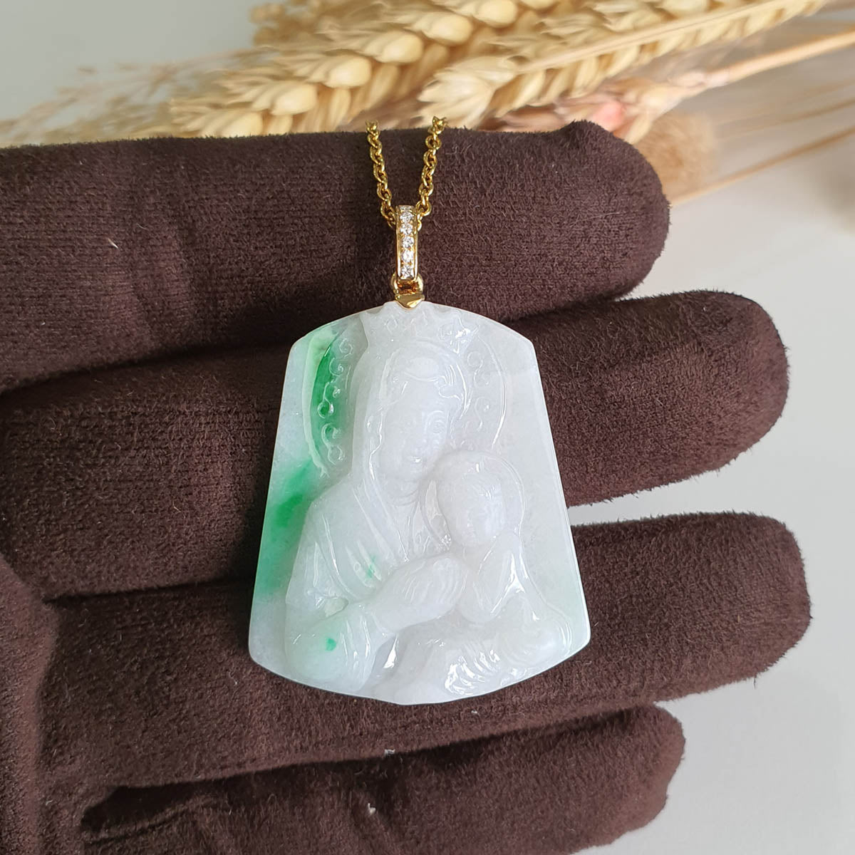 Translucent Brilliant Green on Snow Jadeite "Mother Mary and Baby Jesus" Pendant (JAB007276) 1