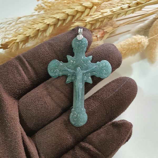 Good Translucency Icy Bluish Green Jadeite "Crucifix" Pendant (JAB007325) 1