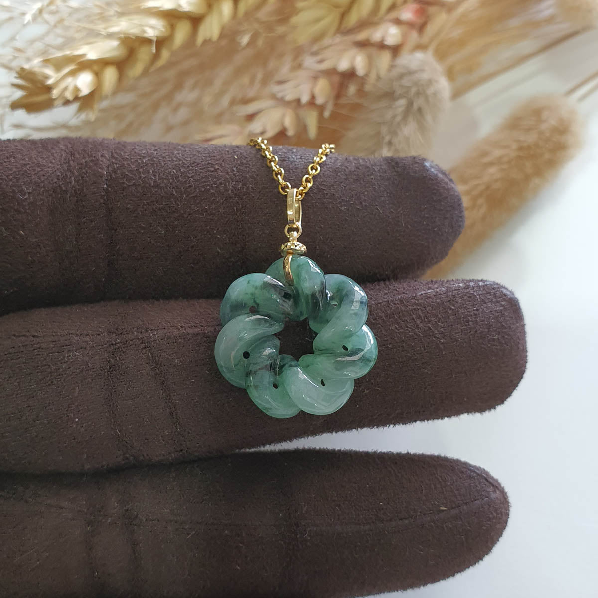 Translucent Icy Flower Green Jadeite “Eternity Knot” Pendant (JAB007399) 1