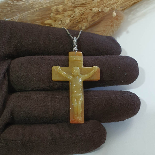 Translucent Orangey and Yellow Jadeite "Crucifix" Pendant (JAB007855) 1