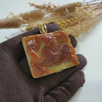 Translucent Icy Orangey Red Jadeite "Fire Galloping Horse of Abundance" Pendant (JAB007921) 7