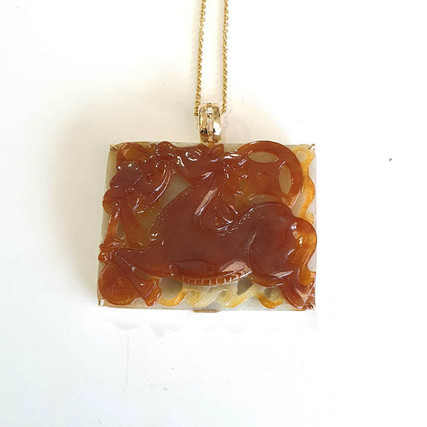 Translucent Icy Orangey Red Jadeite "Fire Galloping Horse of Abundance" Pendant (JAB007921) 1