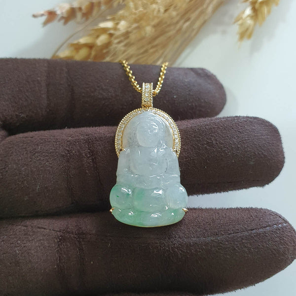 [Rare] Good Translucency Icy Apple Green Jadeite "Goddess of Mercy" Pendant (JAB007938) 1