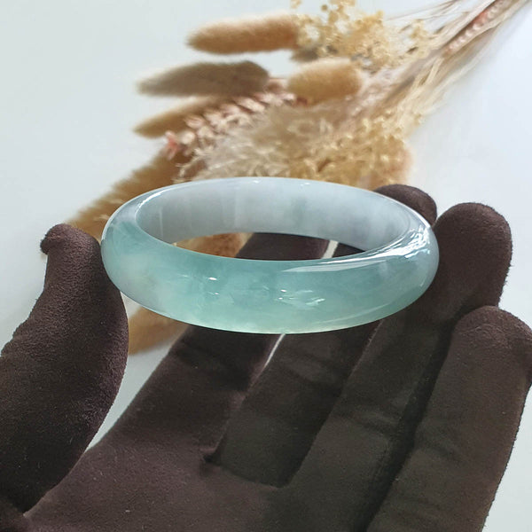 Highly Translucent Icy Green with Icy White Jadeite “Green Snow” Bangle (JAC002493) 1