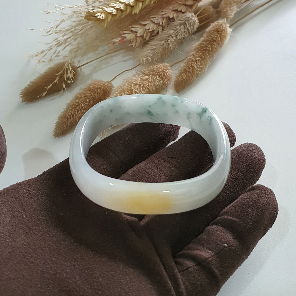 Translucent Icy Yellow and Bluish Green Jadeite “Art-De-Squarera” Bangle (JAC003033) 1