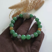Translucent Icy Yellowish Black & Green Jadeite “Ruyi & Hulu” Beads Barrel Bracelet (JAC003276) 9