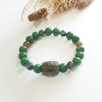 Translucent Icy Yellowish Black & Green Jadeite “Ruyi & Hulu” Beads Barrel Bracelet (JAC003276) 1