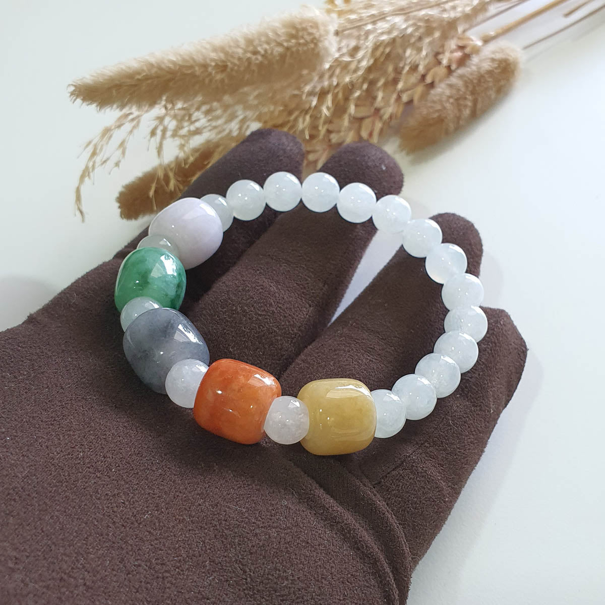 Translucent Icy with “The Five Elements” Jadeite Beads Barrel Bracelet (JAC003361) 1