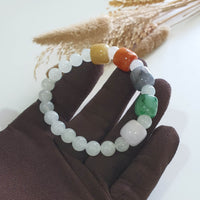 Translucent Icy with “The Five Elements” Jadeite Beads Barrel Bracelet (JAC003361) 2