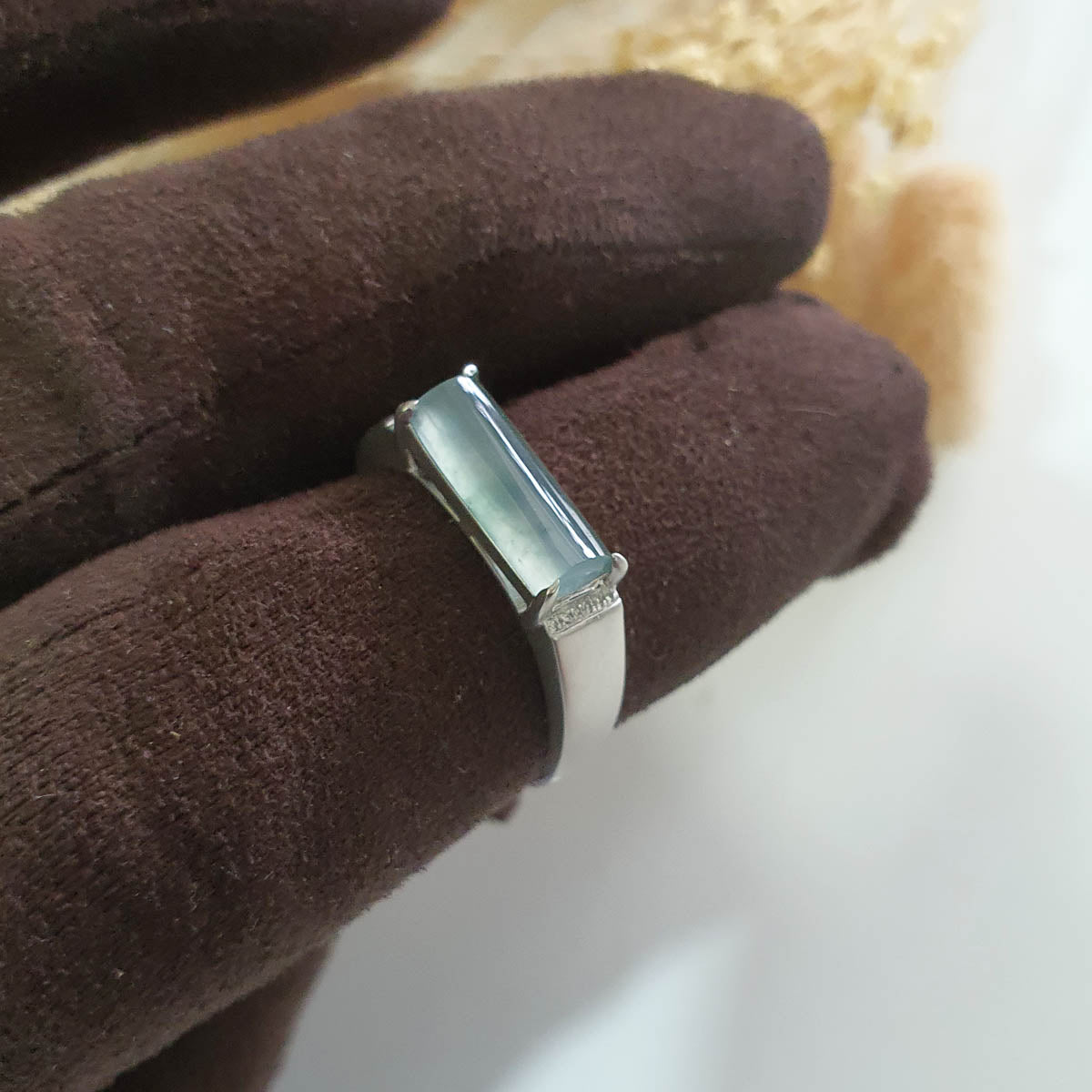 Highly Translucent Icy Light Blue Jadeite "Sugar Loaf" Men’s Ring (JAD000731) 1