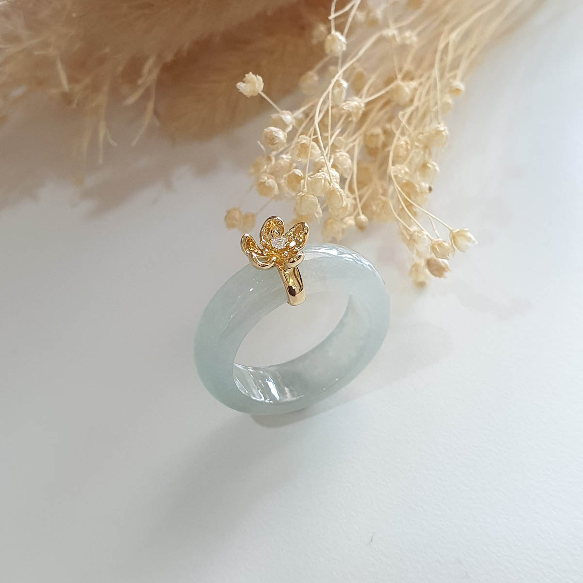 Highly Translucent Icy Light Green Jadeite "Icy Cherry Blossom" Ring (JAD000897) 1