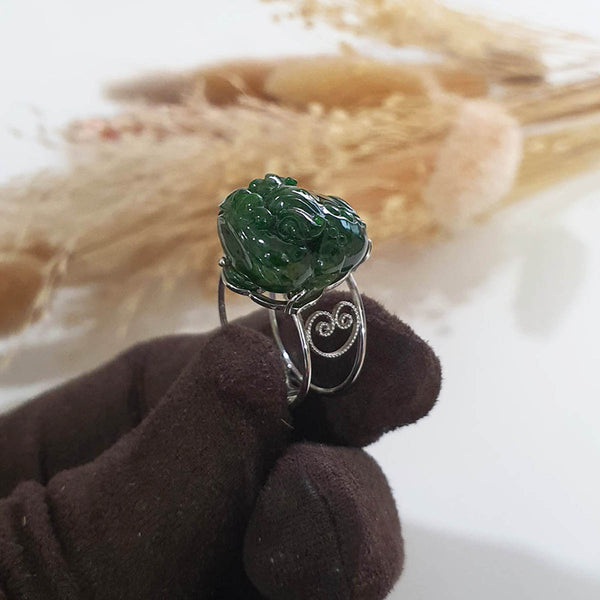Translucent Deep Green “Auspicious Three-Legged Toad” Wealth Ring (JAD000932) 1