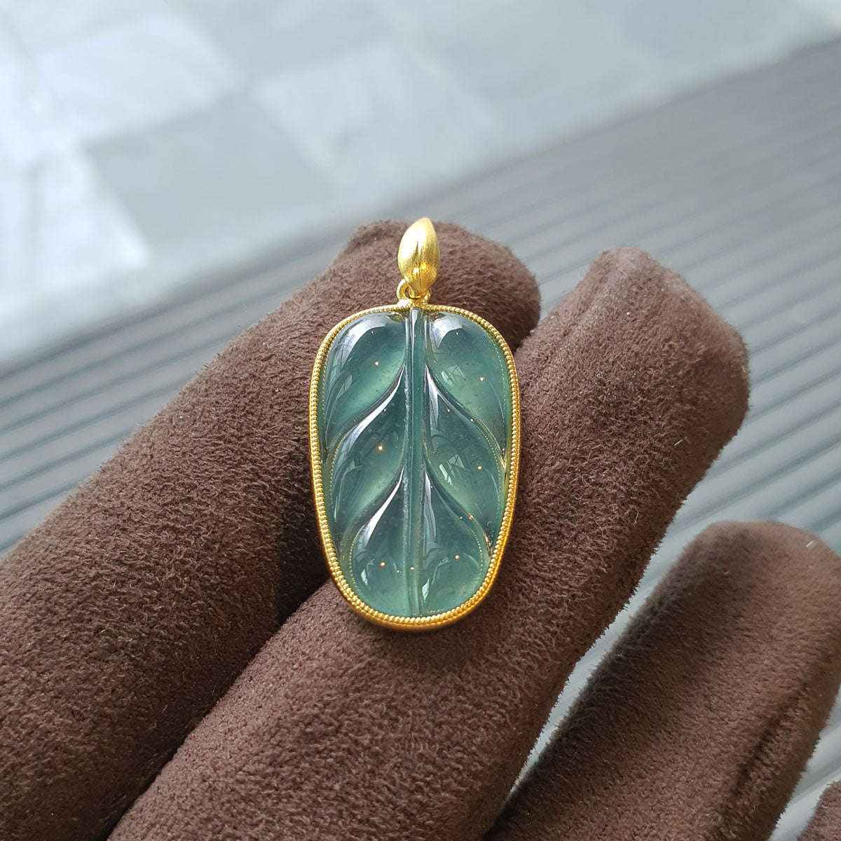 Highly Translucent Icy Bluish Green Jadeite “Auspicious Leaf” Pendant (JAB006903) 1