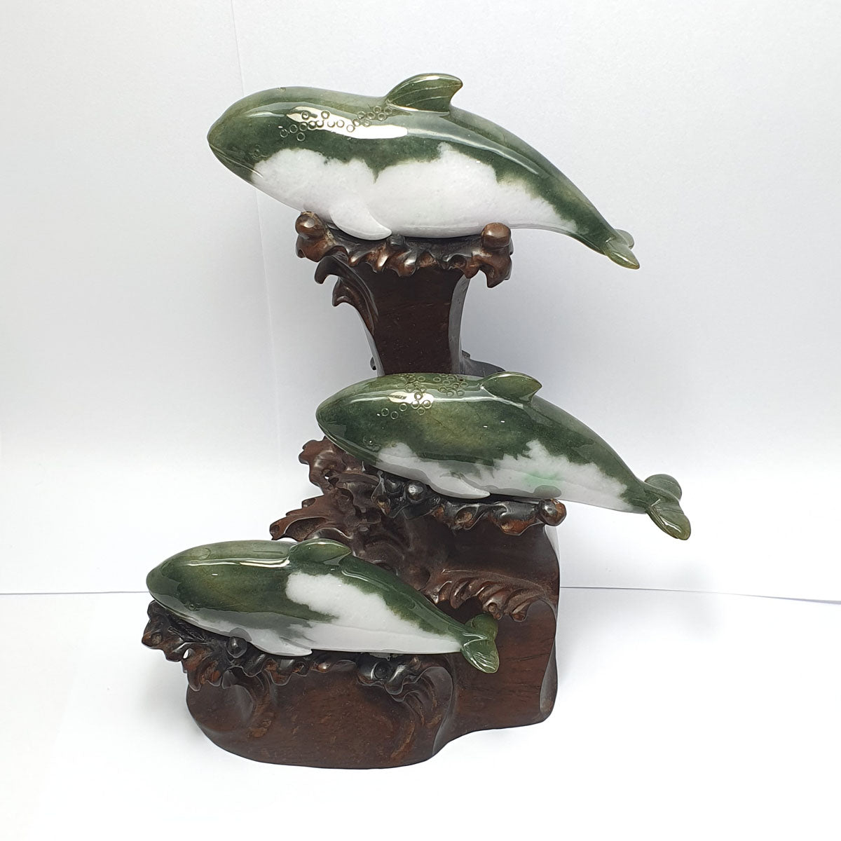 Translucent Green and White Jadeite "Dolphins Family" Ornament (JAM000252) 1