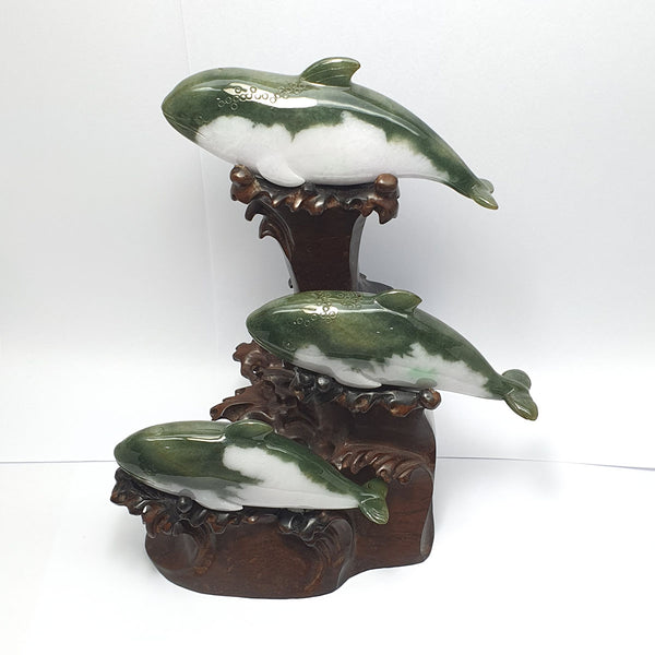 Translucent Green and White Jadeite "Dolphins Family" Ornament (JAM000252) 1