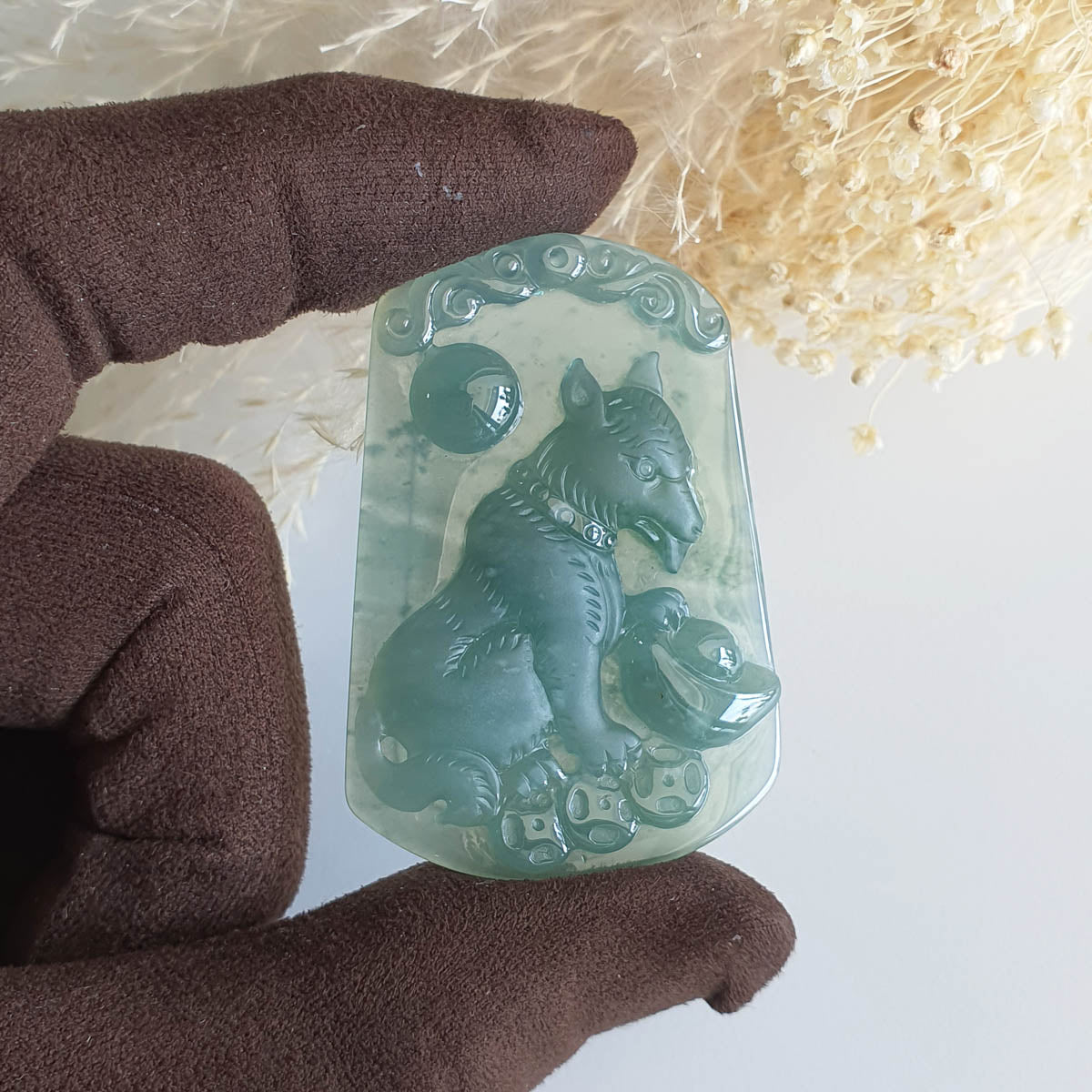 Highly Translucent Icy Bluish Green Jadeite "Husky of Wealth" Pendant (JAM000390) 1