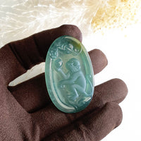 Highly Translucent Icy Bluish Green Jadeite "Auspicious Monkey" Pendant (JAM000392) 3