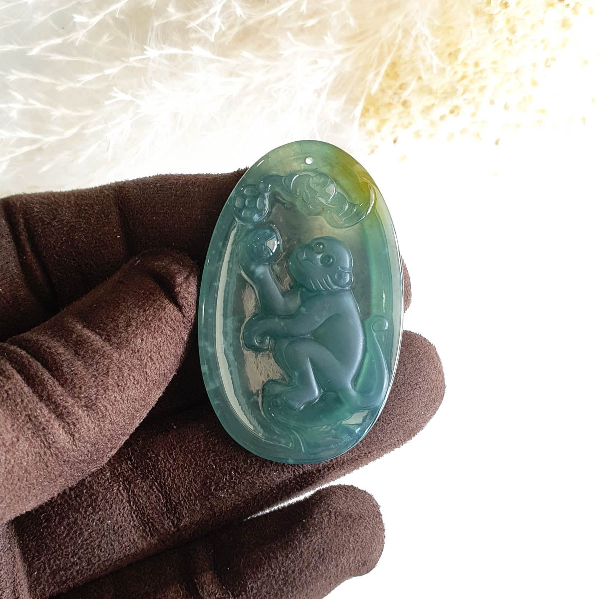 Highly Translucent Icy Bluish Green Jadeite "Auspicious Monkey" Pendant (JAM000392) 1