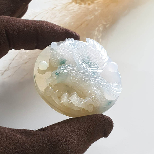 [Rare] Good Translucent Icy with Green and Yellow "Majestic Eagle" Pendant (JAM000458) 1