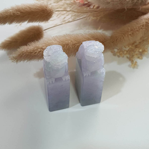 A Pair of Translucent Icy Lavender with Green Jadeite "Celestial Guardians" Seal/Stamp Ornament (JAM000683) 1