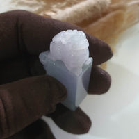 A Pair of Translucent Icy Lavender with Green Jadeite "Celestial Guardians" Seal/Stamp Ornament (JAM000683) 7