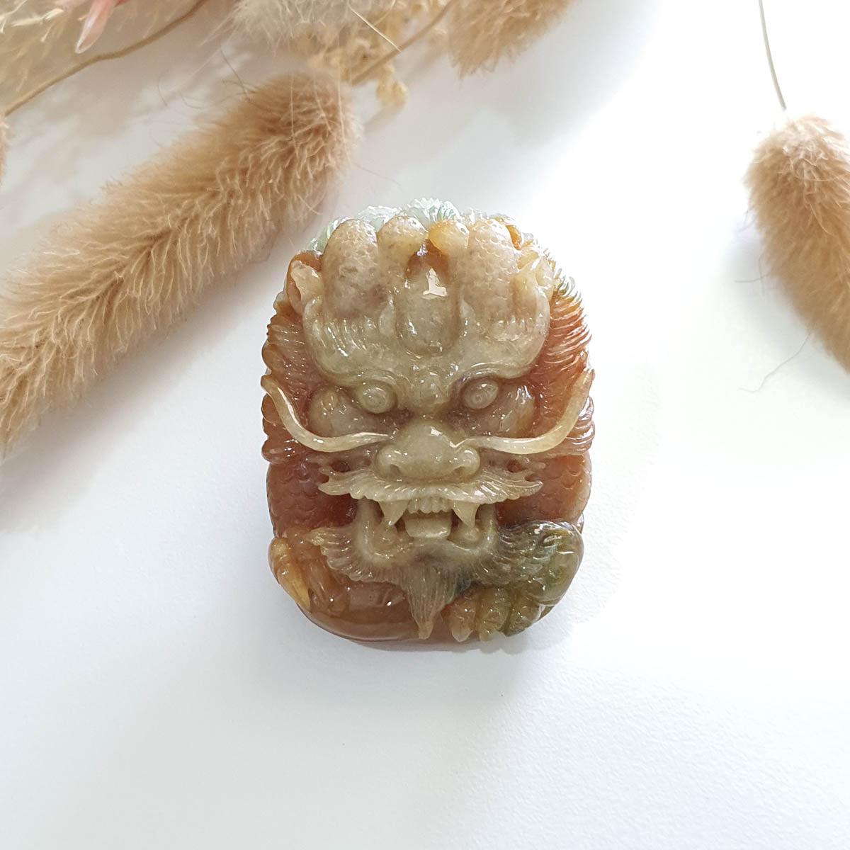 Translucent Icy Honey Orange and Green Jadeite "Majestic Dragon” Pendant (JAM000760) 1