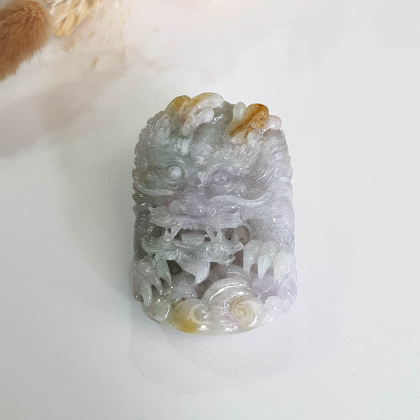 Translucent Icy Tri-Colours Jadeite "Golden Horns Majestic Dragon” Pendant (JAM000761) 1