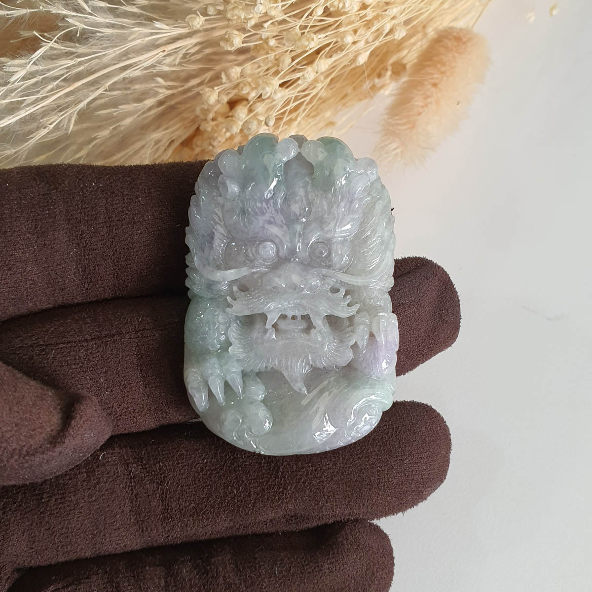 Translucent Icy Greenish Lavender Jadeite "Majestic Dragon” Pendant (JAM000762) 1