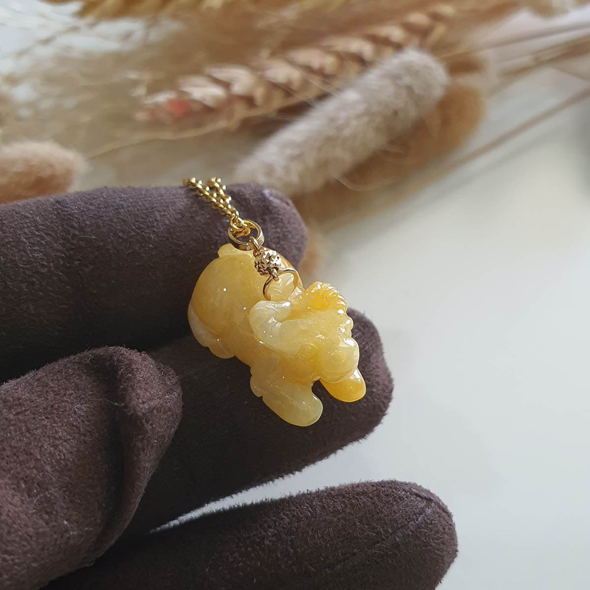 Translucent Brilliant Yellow Jadeite "Ox of Wealth" Pendant (JAM000785) 1