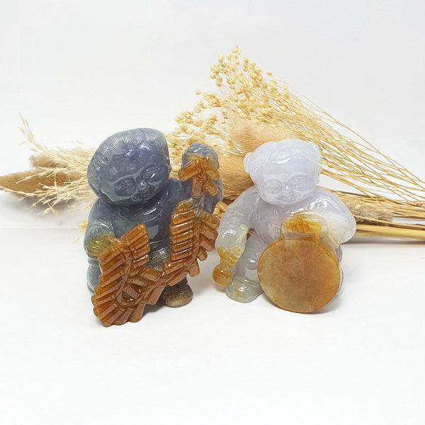 [Very Rare] Translucent Icy Brilliant Lavender with Orange Jadeite “Prosperity Children” (JAM000855) 1