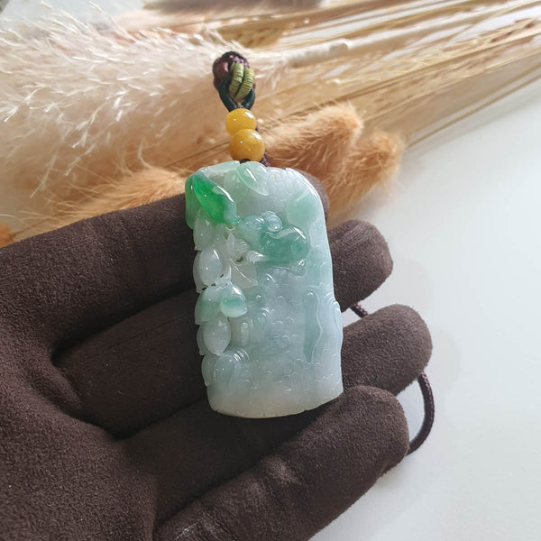 [Rare] Translucent Green with Brilliant Apple Green Jadeite Carved "Squirrels & Bountiful Harvests" (JAM000488) 1