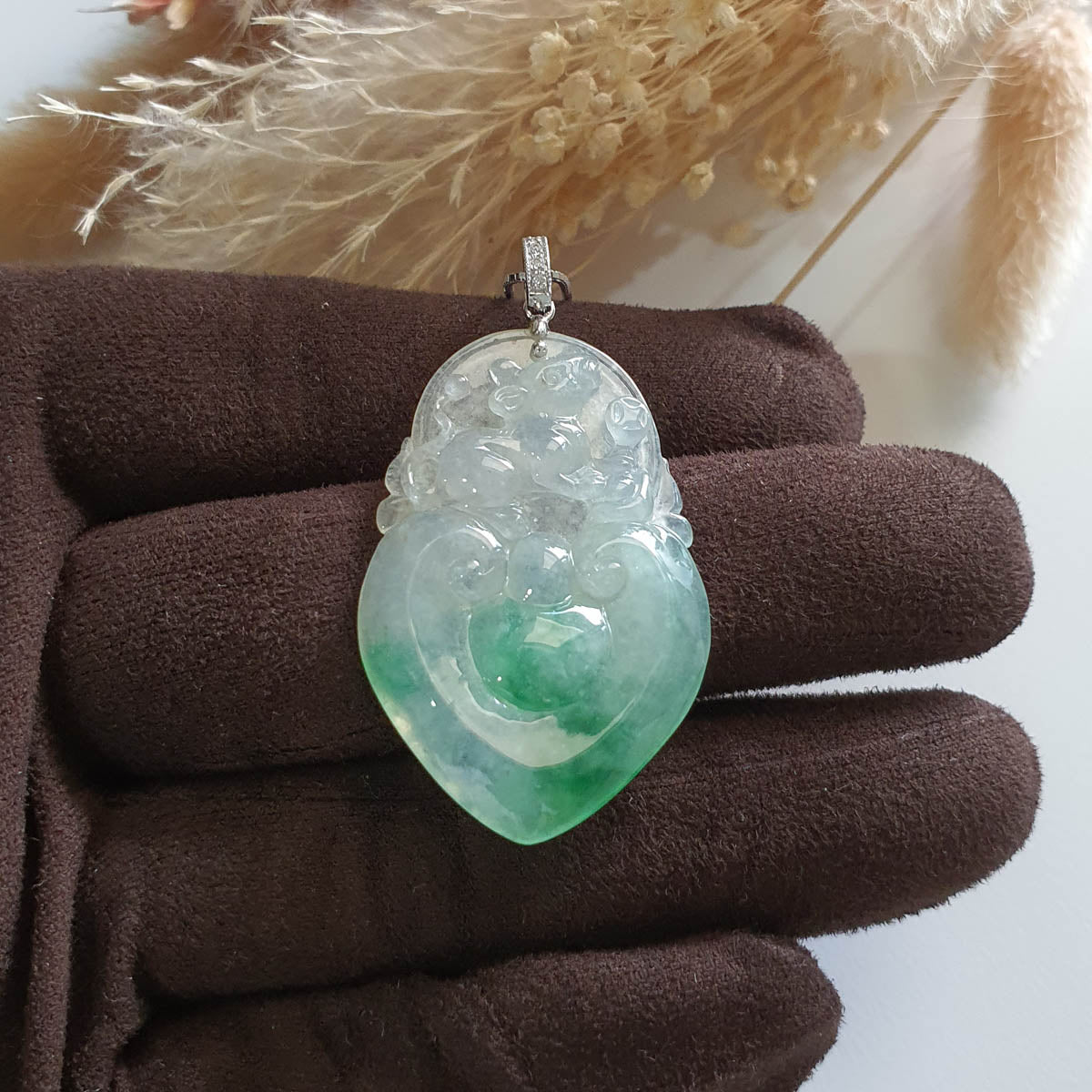 Highly Translucent Icy and Apple Green Jadeite "Prosperity" Pendant (SJB002453) 1