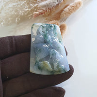 [Rare] Good Translucent Icy Bluish Lavender with Green and Yellow "Majestic Goats & Ruyi" Pendant (SJB003269) 3