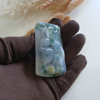 [Rare] Good Translucent Icy Bluish Lavender with Green and Yellow "Majestic Goats & Ruyi" Pendant (SJB003269) 5
