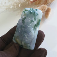 [Rare] Good Translucent Icy Bluish Lavender with Green and Yellow "Majestic Goats & Ruyi" Pendant (SJB003269) 7