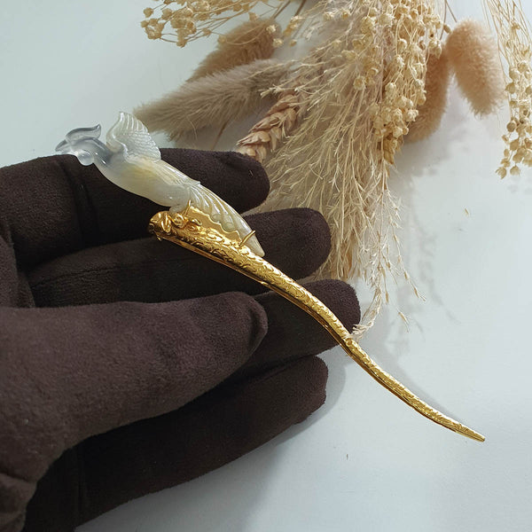 Highly Translucent Icy and Yellow Jadeite “Golden Phoenix” Hairpin (SJK000274) 1